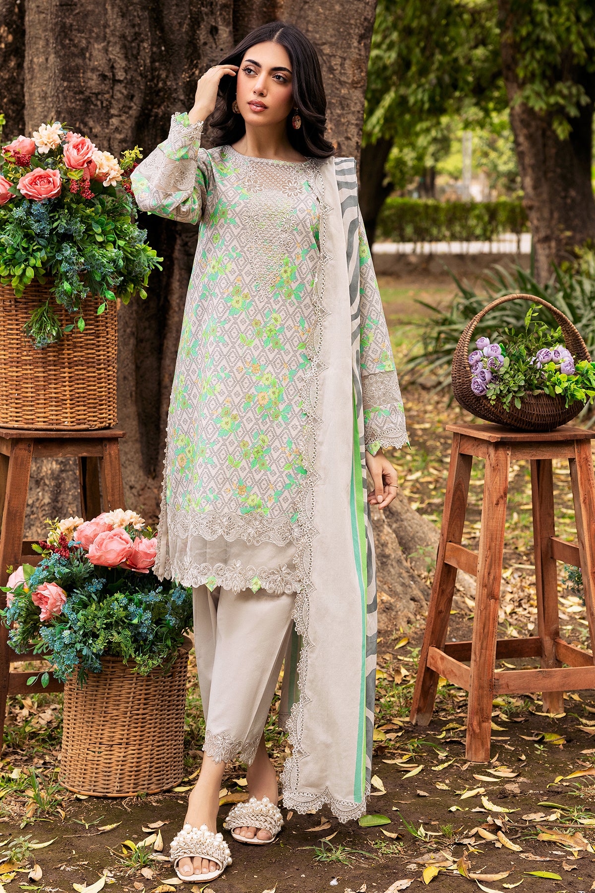 3-PC UNSTITCHED EMBROIDERED LAWN SHIRT WITH EMBROIDERED LAWN DUPATTA AND TROUSER